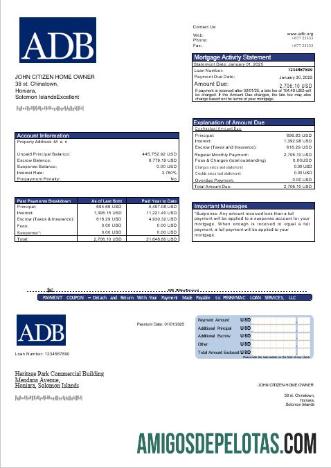 Extrato de hipoteca do Banco ADB das Ilhas Salomão em formatos Word e PDF amostra